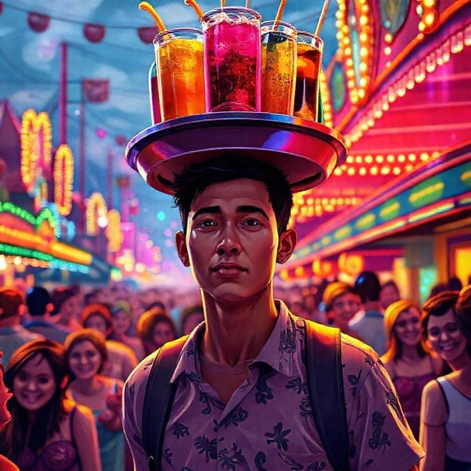 Get ready to immerse yourself in the vibrant world of a carnival with this stunning wallpaper. The image captures the essence of a lively carnival, with a man proudly carrying a tray of colorful drinks, surrounded by the excitement and joy of the festival.