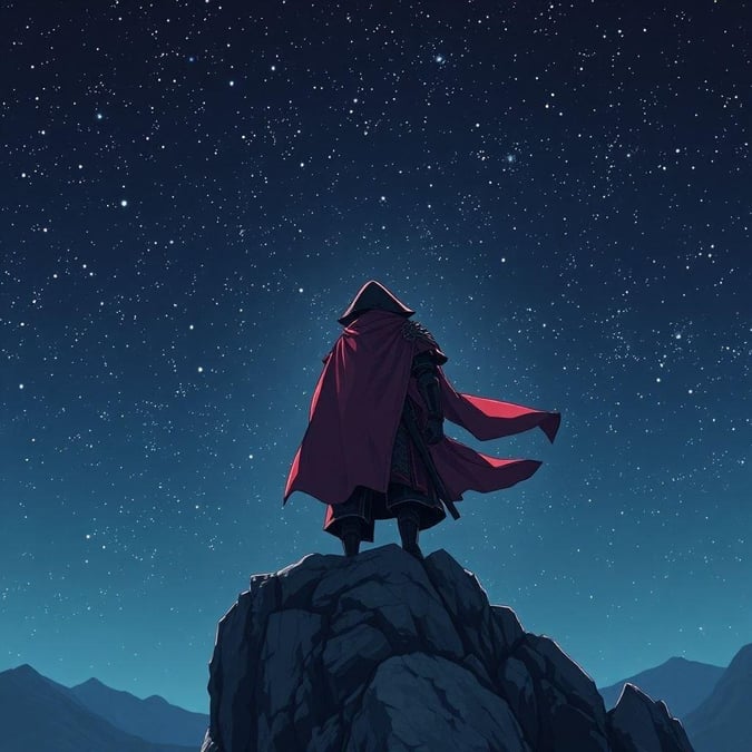 Immerse yourself in the mystical world of anime with this captivating wallpaper, featuring a samurai-clad figure standing at the edge of a rocky, starry night.