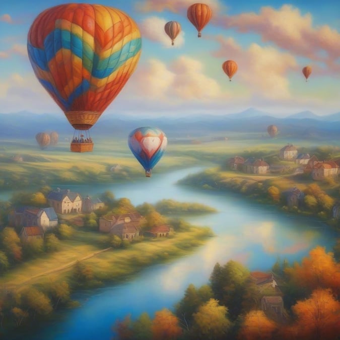 A fantastical scene where balloons are flying high above the picturesque village, with their vibrant colors contrasting against the serene sky. The sight is reminiscent of festive occasions or perhaps an imagined journey.