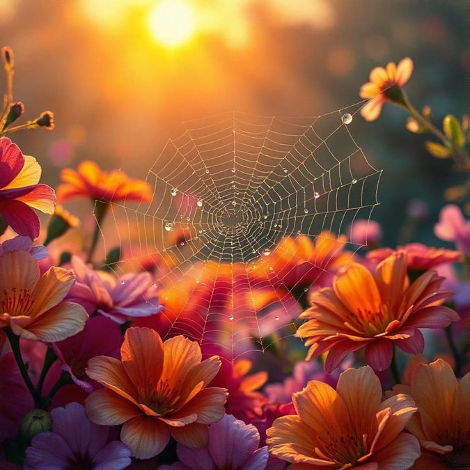 Uma cena de amanhecer de tirar o fôlego com uma teia de aranha e flores, capturando a beleza do despertar da natureza.