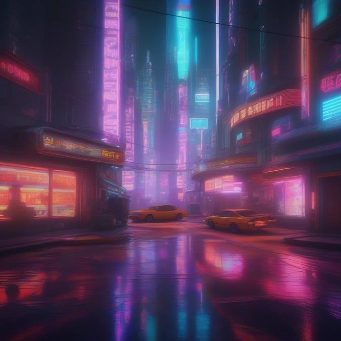 Step into the neon-lit world of this futuristic city, where towering skyscrapers and a prominent clock tower dominate the skyline. The dark, moody atmosphere is punctuated by vibrant neon lights, creating a sense of mystery and intrigue. This cyberpunk cityscape is a true marvel of modern architecture.