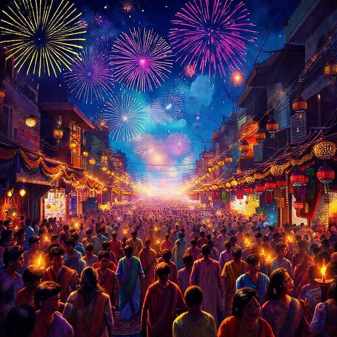 A lively scene from the Indian festival of lights, with people in colorful attire gathering to enjoy a night of festivities and fireworks.