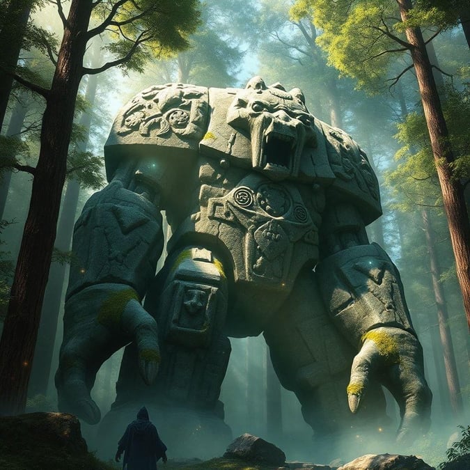 A fantastical giant stands amidst the enchanted forest, its stone form adorned with ancient runes. The creature exudes an aura of mystery and power, capturing the essence of ancient myths.