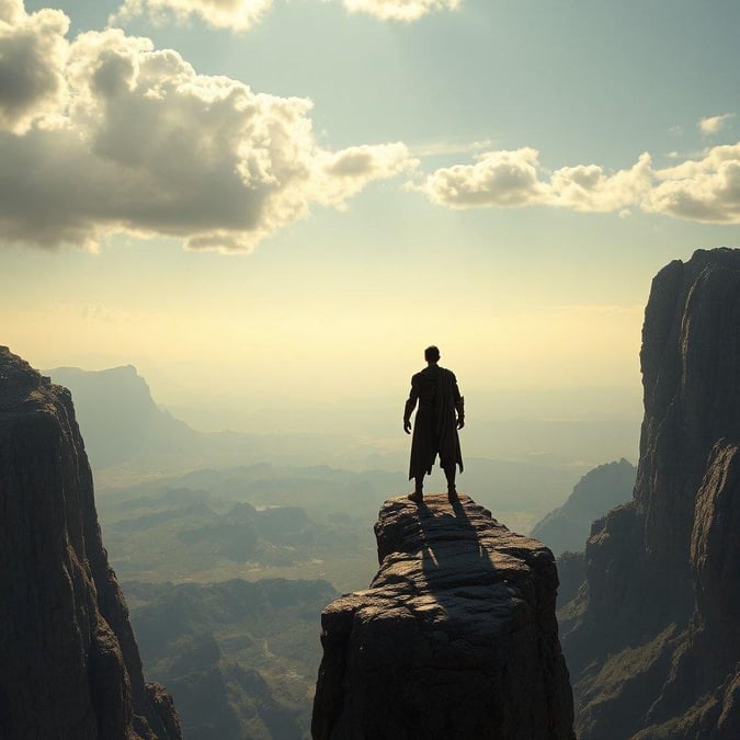 Une silhouette solitaire gravit un sommet de montagne majestueux, incarnant l'esprit d'aventure et la force surhumaine.