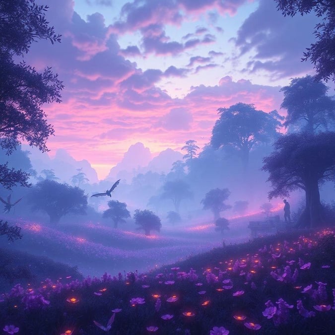 This image captures the enchanting beauty of a mystical path in a fantasy world, bathed in the warm hues of a sunset. The landscape is dotted with purple and pink flowers that add to the ethereal atmosphere. A bird soars in the sky, possibly heralding the end of the day, while silhouettes of trees stand tall against the twilight backdrop. This image is perfect for those who appreciate the serene and magical aspects of fantasy worlds.