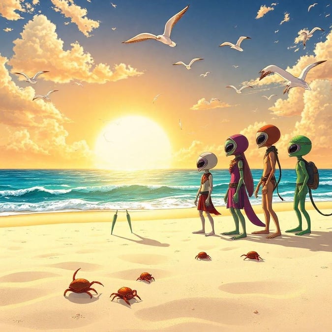 Get ready to party with these extraterrestrial friends as they soak up the sun and enjoy the waves on this beautiful beach.