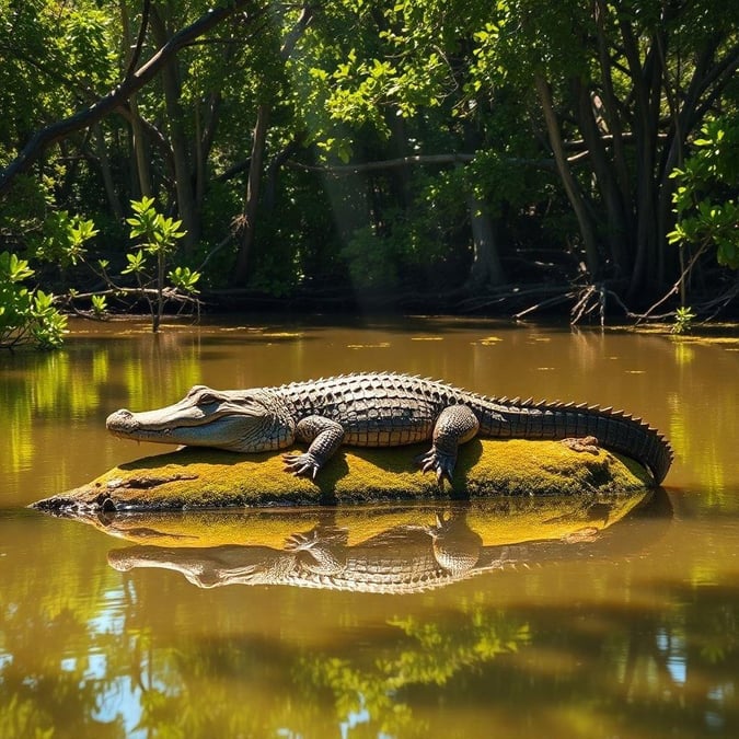 This image captures a serene moment of a crocodile basking in the sun, its scaly skin glistening in the sunlight. The crocodile is positioned on a rock in the middle of a river, surrounded by lush greenery and vibrant flowers. The image exudes a sense of tranquility and beauty, inviting the viewer to appreciate the majesty of nature.