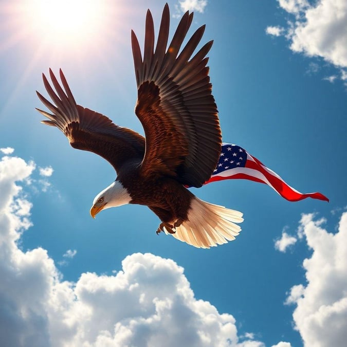 An eagle in mid-flight carrying an American flag, a symbol of freedom and patriotism.