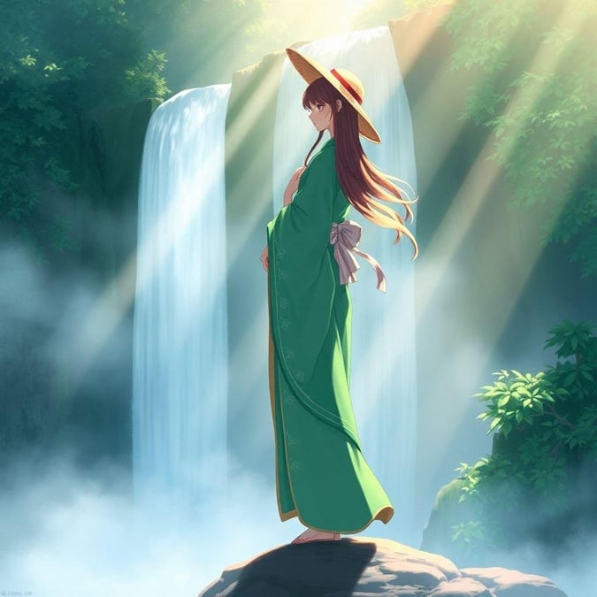 Eine ruhige Anime-Szene mit einer Frau in einem grünen Kimono, die neben einem Wasserfall steht und eine friedliche Atmosphäre schafft.