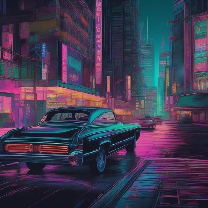 Step into a world of nostalgia and wonder with this stunning retro-style illustration of a city street at night. The classic car parked in the foreground adds a touch of elegance, while the neon-lit cityscape in the background pulses with energy and excitement. This image is perfect for anyone who loves the glamour and sophistication of a bygone era.