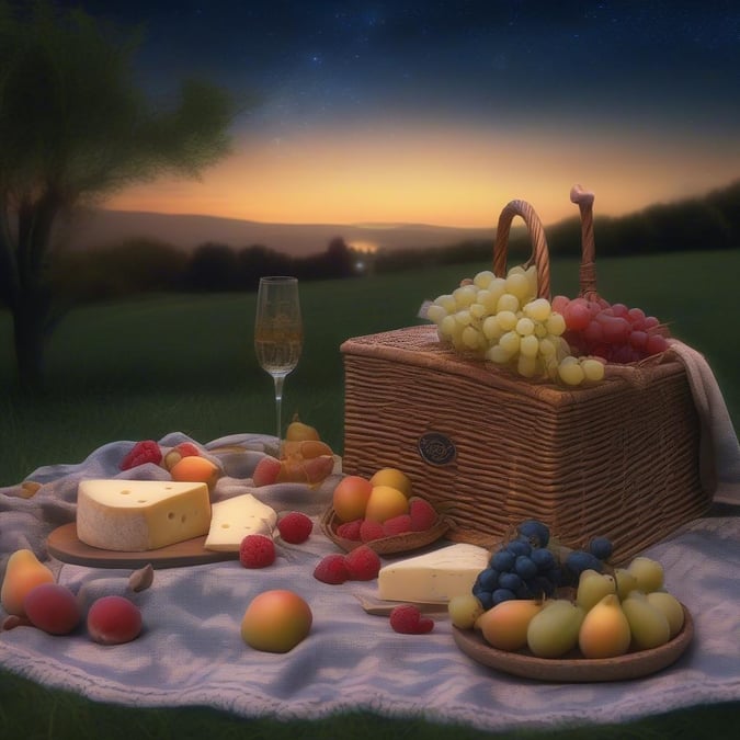 A delightful summer picnic with assorted fresh fruits, cheeses, and a glass of sparkling wine.