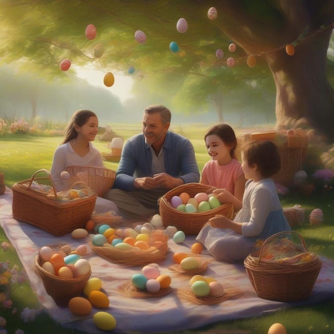 A family enjoying an Easter picnic with colorful eggs, joyful celebration of springtime.