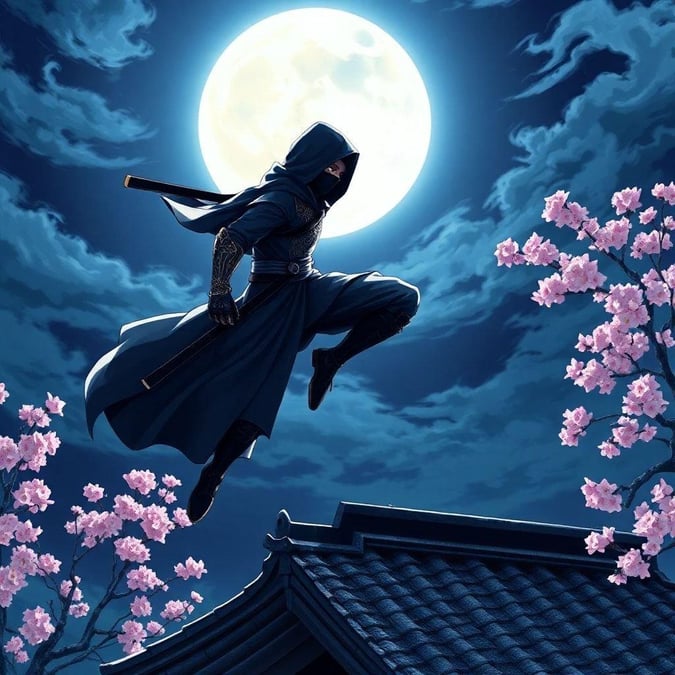 This captivating anime-style illustration depicts a ninja warrior in mid-air, poised for action under the radiant glow of the full moon. The warrior's intricate armor and flowing cloak are set against the dark, mysterious backdrop of a rooftop, creating a sense of tension and anticipation.