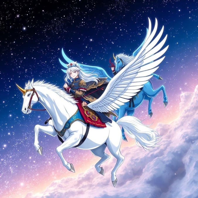 This stunning anime illustration features a group of samurai warriors riding majestic winged horses across a starry night sky. The foreground showcases a detailed white horse with a golden horn, while the background highlights a majestic blue horse with a golden horn. The illustration captures a sense of movement and power, evoking a moment of tranquility.