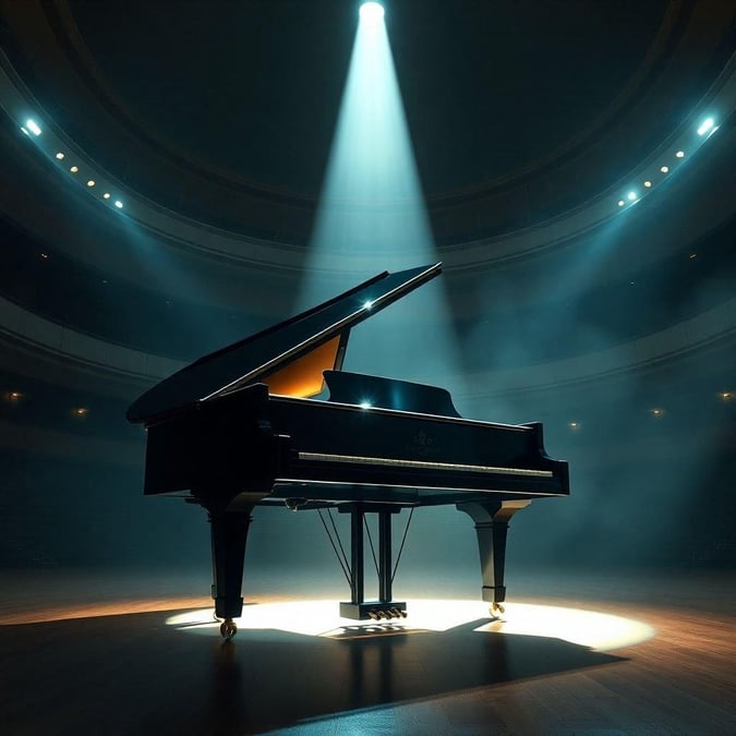 This image captures the elegance and tranquility of a classical concert. The black piano in the spotlight on the stage suggests the centerpiece of this musical event. The audience would have their attention riveted here, soaking up every note played by the pianist. A perfect desktop or mobile wallpaper for those who appreciate music.