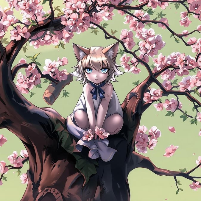 Esta ilustración de estilo anime presenta a una solitaria chica gato sentada en la cima de un enorme árbol de cerezos, con sus cautivadores ojos azules fijos en el espectador. Las ramas y hojas extendidas del árbol crean una atmósfera mística, en un suave y apagado fondo verde.