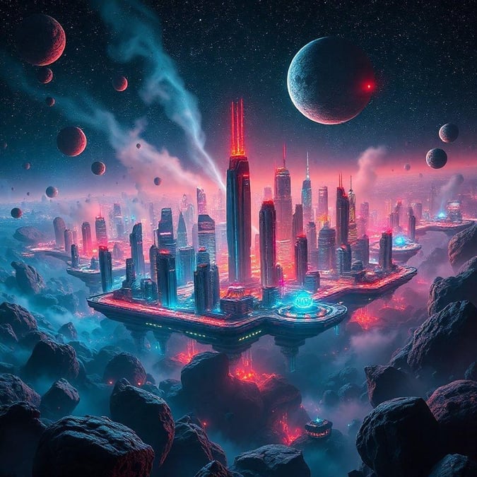 Dreamlike city skyline set against the backdrop of the cosmos, with planets and stars as neighbors.