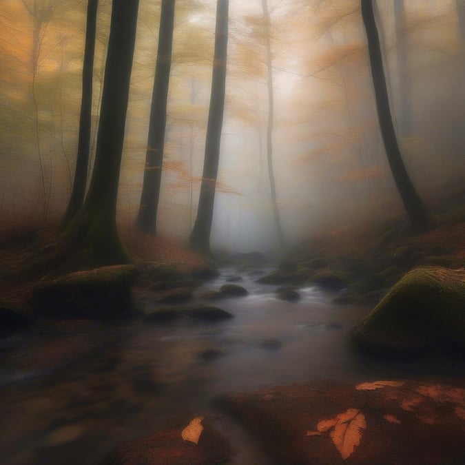 A misty autumn forest, where leaves are starting to change colors on the trees, hinting at the arrival of fall. The ground is a patchwork quilt of fallen leaves, while the stream gently flows through the center, adding a serene element to this mystical setting.