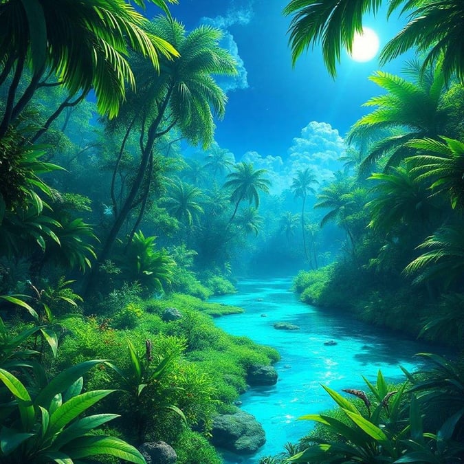 This sci-fi landscape takes you into a tropical paradise where nature's beauty is amplified by an otherworldly glow. A majestic river, vibrant with the essence of life, meanders through a jungle teeming with palm trees and ferns. The sky above mirrors the jungle below, painted in hues of blue and filled with clouds that add to the mystical ambiance.