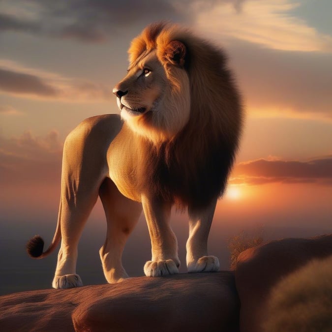 A majestic lioness gazes into the sunset, her golden mane glowing in the light. She stands proudly on a rocky outcrop, overlooking her domain.