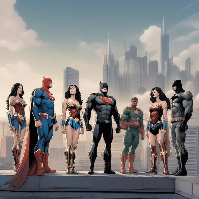 Nesta impressionante ilustração, seis personagens icônicos da DC Comics estão juntos contra o pano de fundo de um horizonte de cidade futurista. Da esquerda para a direita, vemos a Mulher Maravilha, o Batman, o Superman, o Flash, o Aquaman e o Cyborg. Cada personagem está pronto para a ação, seus trajes únicos exibidos de forma vívida. Este papel de parede captura o espírito de trabalho em equipe e heroísmo que esses personagens lendários incorporam.