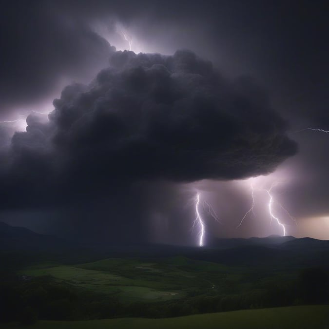 A dramatic mountain landscape under a tumultuous storm sky. The vibrant colors contrast with the dark, cloud-filled sky creating a striking visual effect.