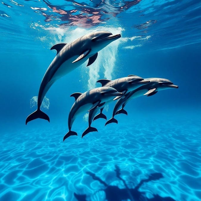 Dive into the clear blue ocean with these three lively dolphins who are enjoying a fun swim together. Watch as they twist and turn, their sleek bodies cutting through the water in an underwater dance that's both mesmerizing and full of life.