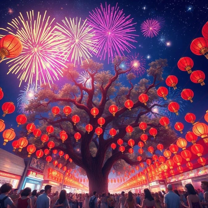 A bustling street at night, adorned in red lanterns and decorations, where people are dancing and fireworks illuminate the sky. A large tree stands prominently in the foreground with its branches reaching towards the viewer.