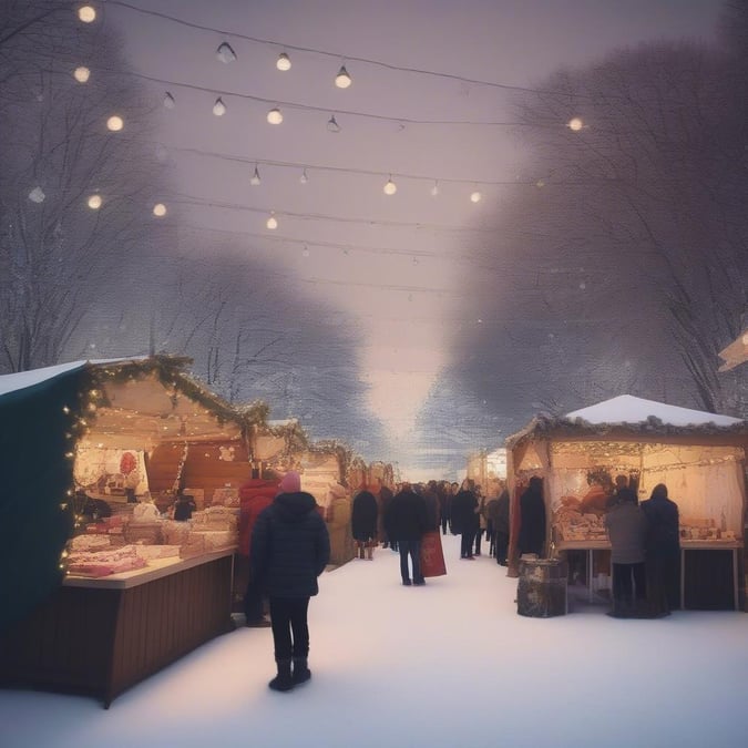 A bustling winter festival market filled with people enjoying the festive atmosphere of Christmas trees, lights, and holiday cheer.