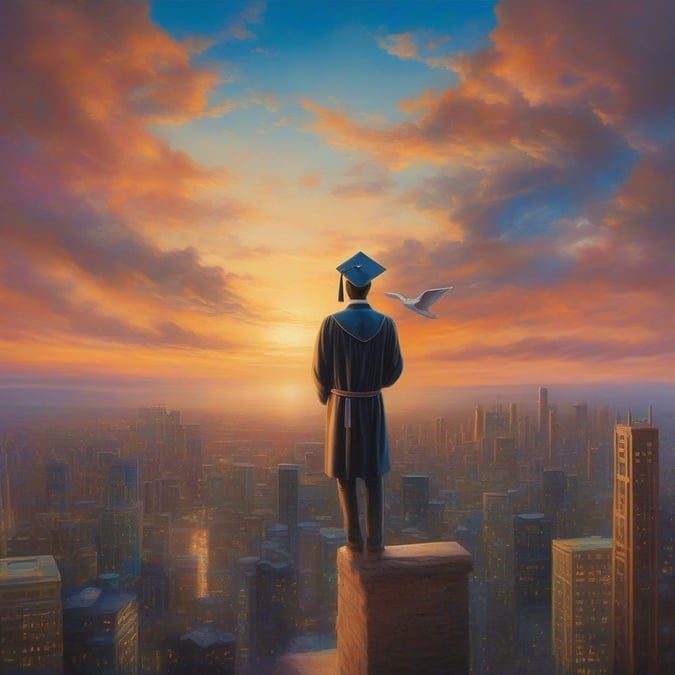 A graduate stands proudly on a pedestal, gazing out at the city skyline as the sun sets behind them. The sky is painted with hues of orange and pink, and a bird soars overhead, symbolizing freedom and new beginnings. This image captures the essence of achievement and the promise of a bright future.