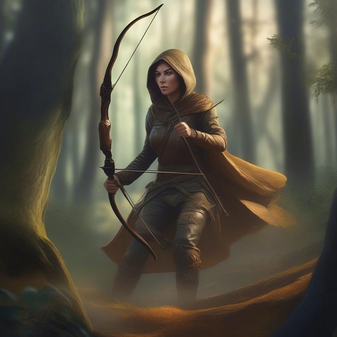 This fantasy wallpaper features an archer in a forest setting, perfect for desktop and mobile use.