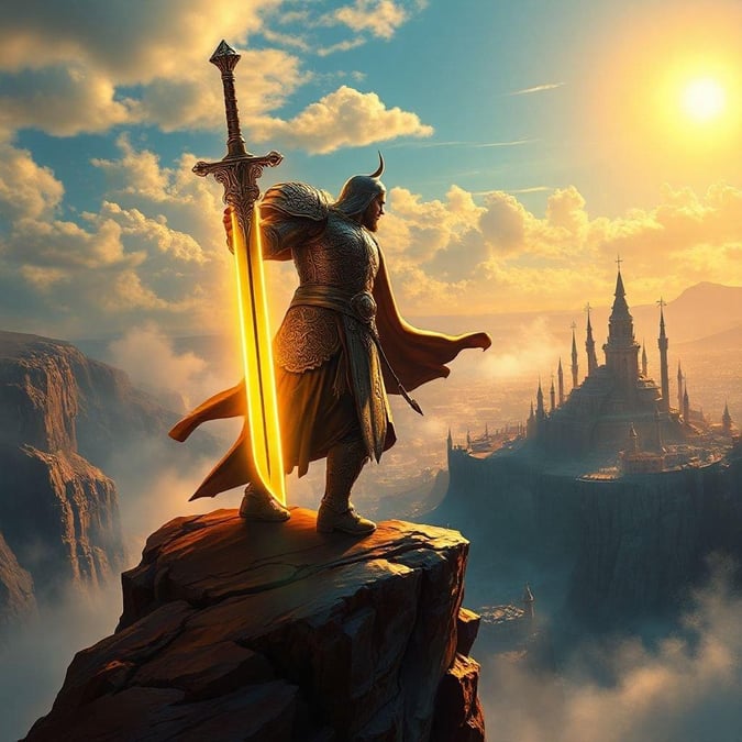 The majestic figure of a fantasy knight gazes into the distance, overseeing an enchanted kingdom as the sun sets below.