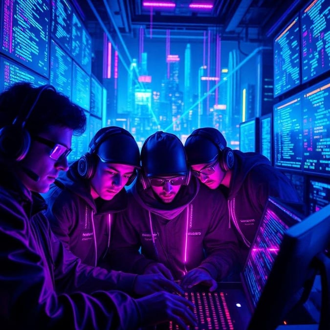 A group of tech-savvy individuals working together in a neon-lit cyberpunk setting, surrounded by glowing screens and futuristic technology.