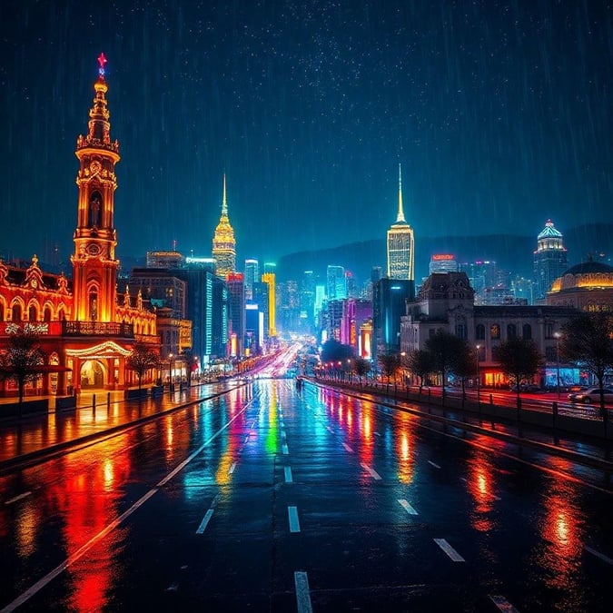 As ruas escurecidas refletem as luzes da cidade após a chuva. Os marcos icônicos de Viena brilham com gotas de chuva frescas, criando uma cena urbana cativante.