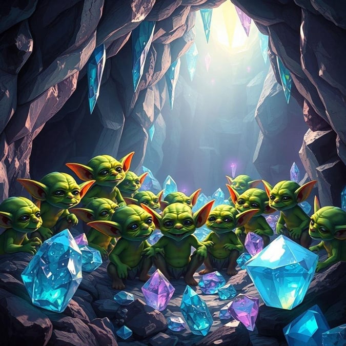 This fantasy wallpaper features a group of goblins in a cave surrounded by gems. The goblins are depicted in a playful and mischievous manner, adding to the whimsical and magical atmosphere of the image.