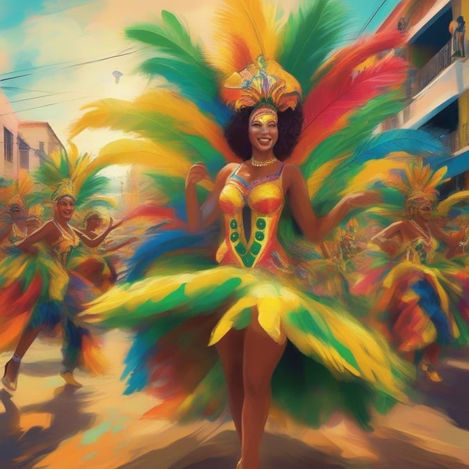 The vibrancy and energy of Brazil's Carnival parade, captured amidst the streets of Rio. The colorful costumes and lively music reflect the festive spirit of this world-renowned celebration.