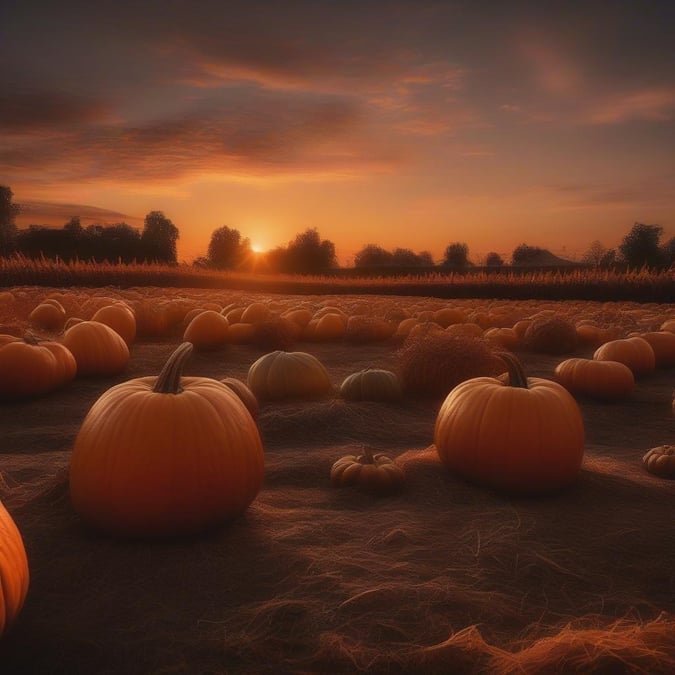 Get into the Halloween spirit with this stunning wallpaper featuring a pumpkin patch at sunset. The warm orange hues of the sky and the vibrant pumpkins create a cozy and inviting atmosphere, perfect for the spooky season.