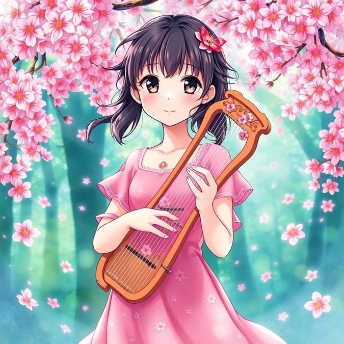 A charming anime girl immersed in her musical world amidst a vibrant forest backdrop blooming with cherry blossoms.