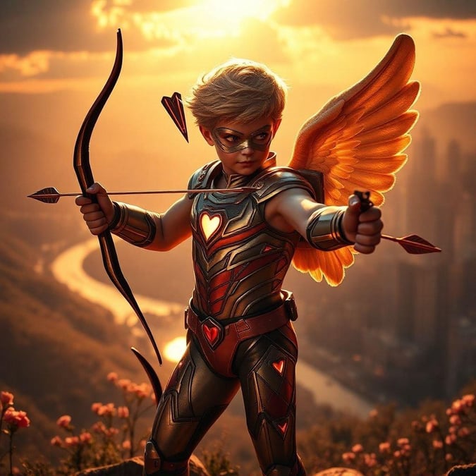 This heart-stopping image captures the essence of Valentine's Day with a little angel in shining armor, aiming his arrows at an unseen target. The golden glow of a setting or rising sun bathes our winged hero in its warmth, casting an ethereal light on this iconic symbol of love.