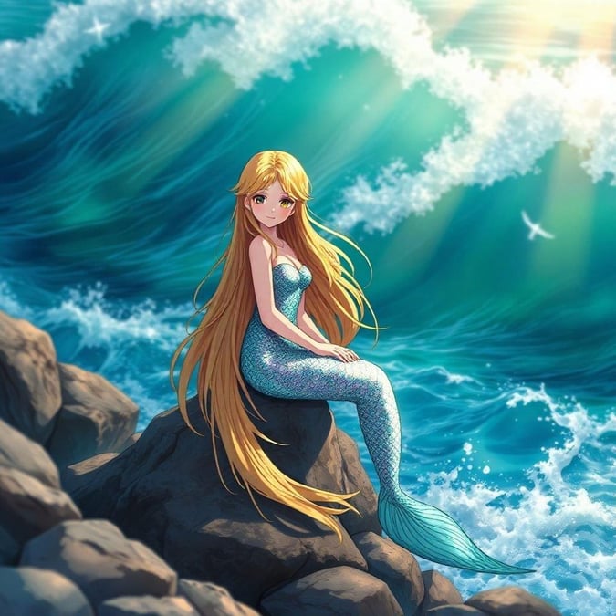 This enchanting anime illustration features a mermaid sitting on a rocky shore, her long golden hair flowing in the ocean waves. The serene scene captures her as the focal point, with a blurred background, creating an enchanting atmosphere.