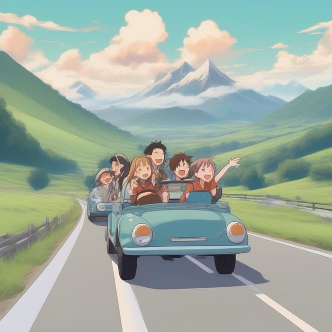 A group of anime characters enjoying a scenic drive through the mountains. The open road ahead suggests adventure and camaraderie.