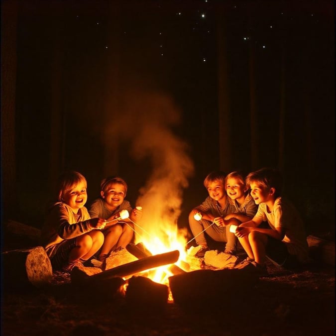 This image captures the joy and love of a father's day celebration, with a group of children roasting marshmallows over a campfire under the stars. The warm glow of the fire and the happy faces of the children create a heartwarming scene that is perfect for a father's day wallpaper.