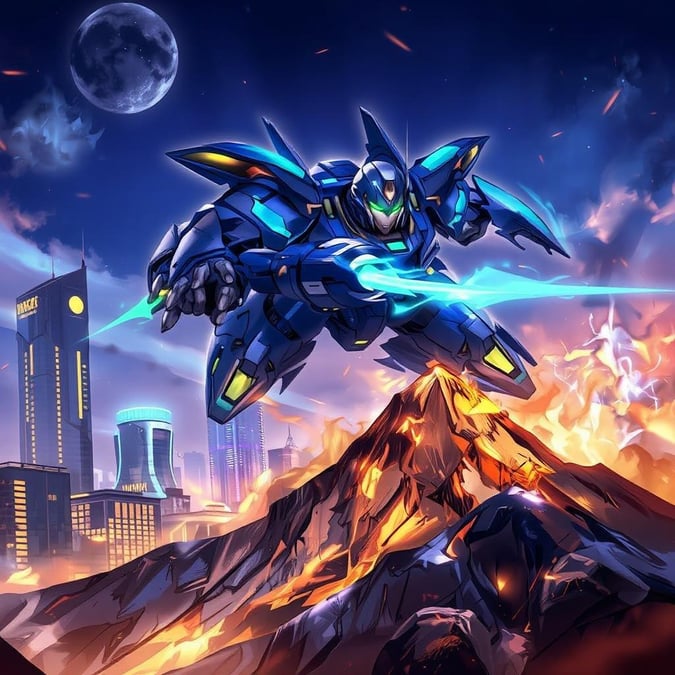 Get ready to be amazed by this stunning anime-style wallpaper featuring a futuristic mecha soaring through the night sky.