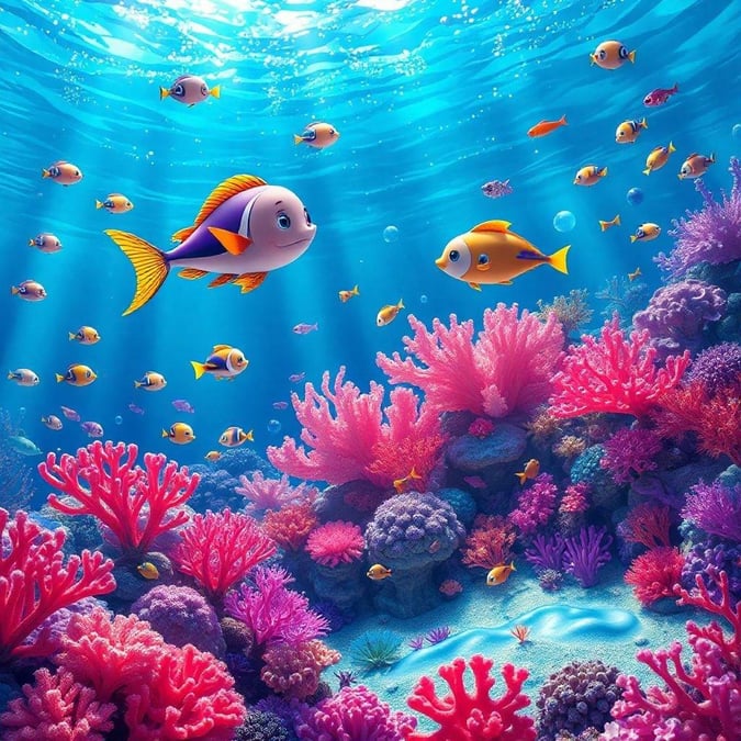 Dive into the vibrant world of cartoon favorites with this stunning wallpaper. The colorful coral reef and playful fish create a lively and engaging scene that's perfect for desktop and mobile use.