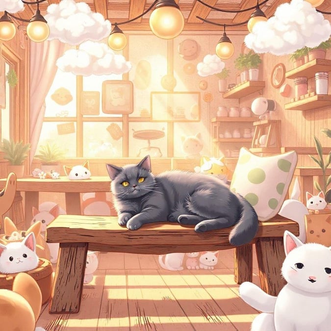 A cozy cat cafe, bathed in soft sunlight filtering through the windows, invites guests to sit and enjoy the company of the cats. A gray cat lounges on a bench, surrounded by fluffy white kittens, creating an atmosphere of warmth and tranquility.