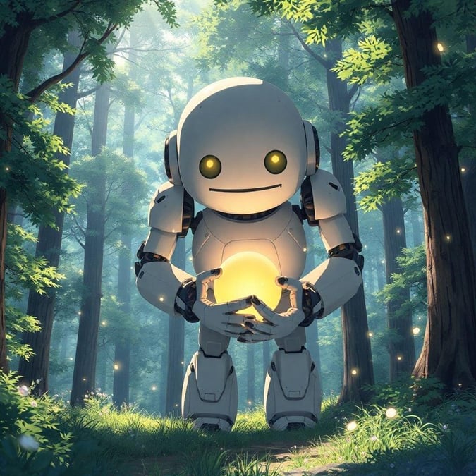 This anime-style illustration features a gentle giant robot standing in a lush forest, holding a sphere-like object and surrounded by sparkling fireflies, creating an enchanting atmosphere.