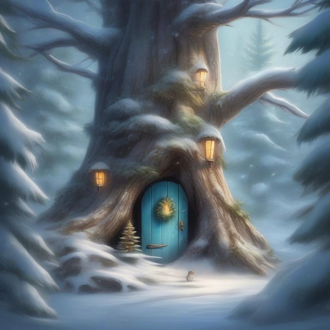 A whimsical winter wonderland, with a cozy doorway set into the heart of a tree, inviting you into a festive fantasy world.