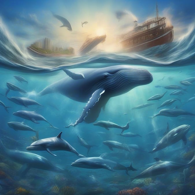 This beautiful wallpaper captures a serene ocean scene with a blue whale gracefully swimming past an old steam ship. The backdrop of the sunset adds to the tranquil and inspiring atmosphere. Perfect for desktop backgrounds that want to bring a touch of nature's beauty into their space.