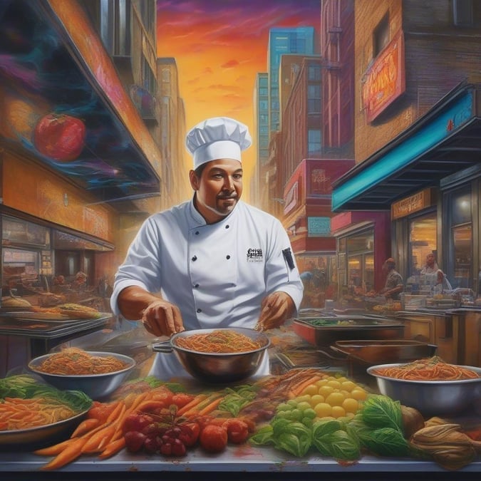 A dynamic chef at work in a vibrant kitchen, surrounded by an array of colorful ingredients.