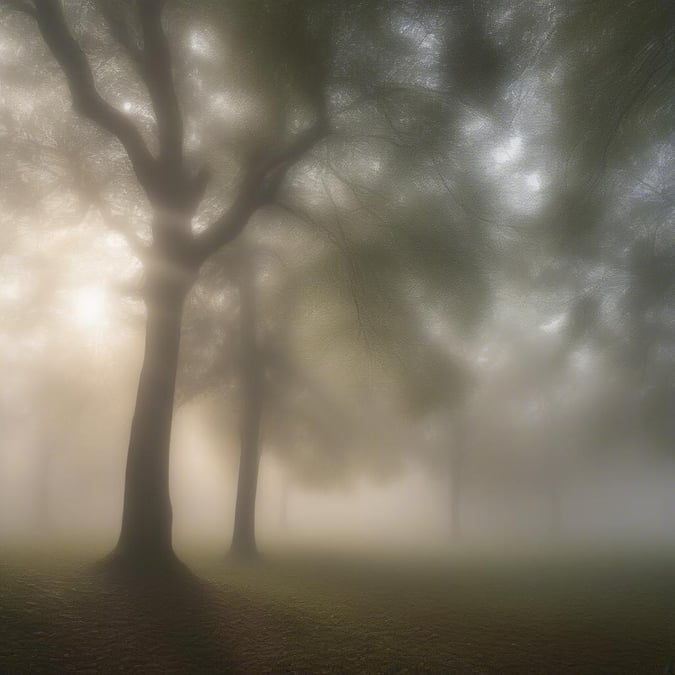 This foggy morning provides a serene atmosphere in an urban park, with trees silhouetted against the soft light. It's peaceful and calm, great for contemplation or a leisurely walk.